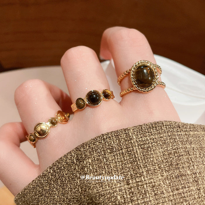 Gold Open Ring Oval Brown Stone Twisted Rope Band Style
