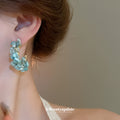 Blue Beaded Crescent Hoop Stud Earrings in Gold Tone view 4