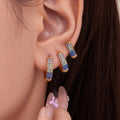 Three Row Crystal Hoop Earrings in Seven Colors and Three Sizes view 2