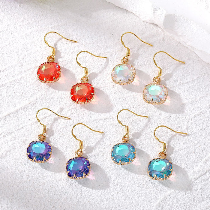 Gold Tone Faceted Iridescent Cushion Crystal Hook Earrings in Four Colors