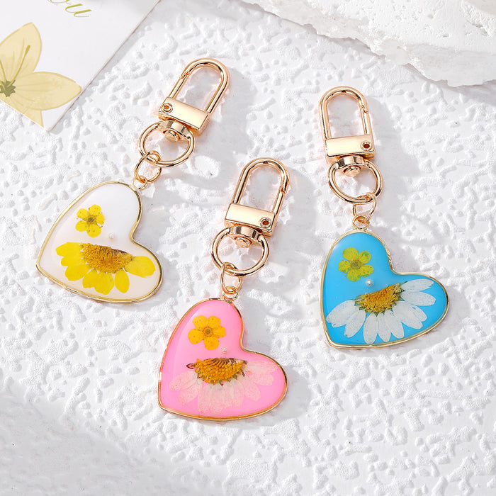 Heart Resin Daisy Keychains Gold Lobster Clasp 3 Colors