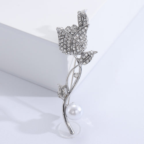 Silver rhinestone tulip brooch pearl stem upright on stand