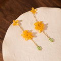 Yellow Flower Green Bead Long Gold Tone Chain Stud Earrings view 3