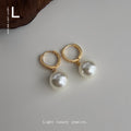 Gold Huggie Hoop Earrings White Glass Pearl Drop Charm view 3