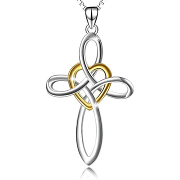 Two Tone Infinity Knot Cross Pendant Necklace Gold Heart Detail