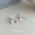 Silver-Tone Textured Double Flower Clear Stone Stud Earrings view 1