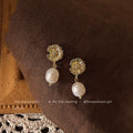 Gold Daisy Flower Stud Freshwater Pearl Drop Earrings view 3