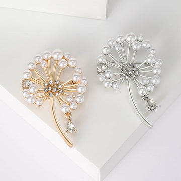 Gold Silver Pearl Dandelion Rhinestone Drop Brooch