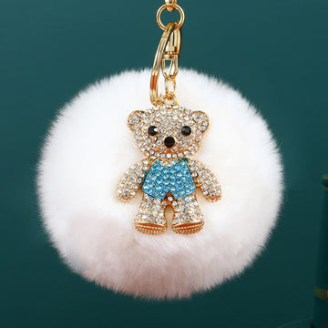 Jeweled Bear Plush Pom Pom Keychains in Four Pictured Colors