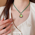 Green Seed Bead Necklace Round Green Pendant Rhinestone Trim view 3