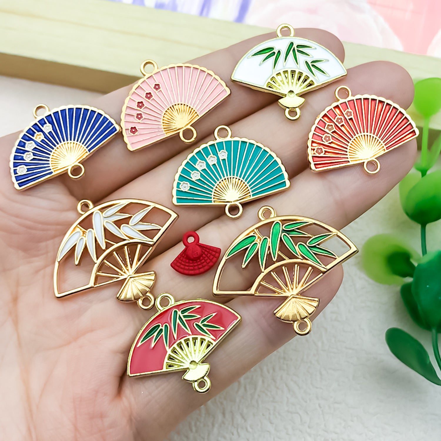 Enamel Zinc Alloy Fan Bamboo Leaf Tassel Charm Pendant for DIY Handmade Jewelry