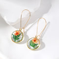 Gold Tone Round Pressed Flower Resin Long Hook Earrings view 2