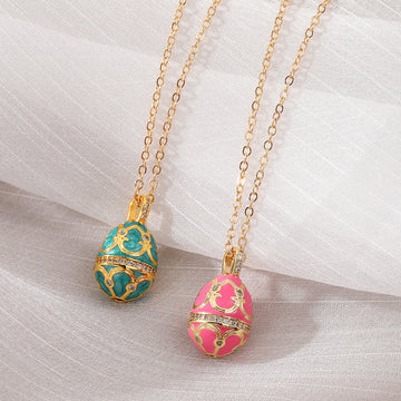 Gold Tone Ornate Egg Pendant Necklaces in Pink and Green