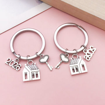 Silver Tone Metal House, Heart Key And Number Charm Keychain
