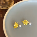 Yellow Flower Asymmetric Earrings with Pearl Look Accents view 6