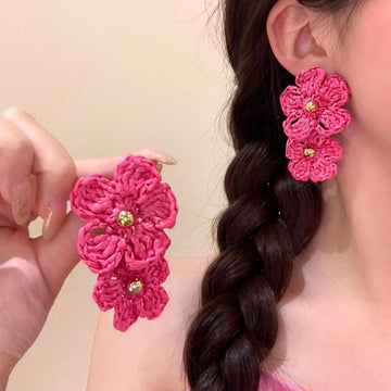 Crochet Triple Flower Statement Earrings Fashion Jewelry Accessory