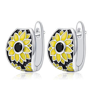 Silver Yellow Enamel Daisy Black Center Huggie Hoop Earrings