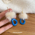 White Pom Pom And Blue Open Teardrop Hook Earrings view 2