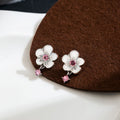 Silver Tone Flower Stud Earrings Pink Green Crystal Drops view 2