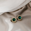 Round Faceted Crystal Halo Stud Earrings Red Green Gold view 3
