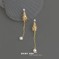Gold Tone Clear Stone Branch Chain And Pearl Long Drop Earrings view 4