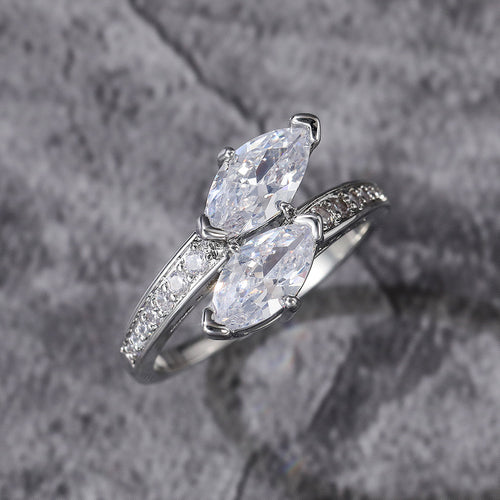 Silver Tone Three Marquise Clear Stone Bypass Ring - angled detail view