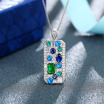 White Metal Multicolor Gem Dog Tag Pendant Necklace Alloy