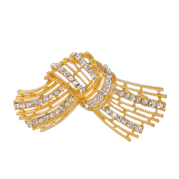 Gold Tone Ribbon Bow Openwork Crystal Two Designs Metal Brooch Pin