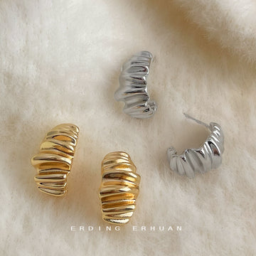 Gold and Silver Ribbed Wavy Geometric C-Shape Stud Earrings