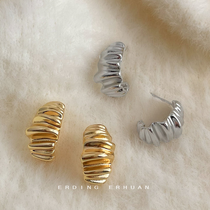 Gold and Silver Ribbed Wavy Geometric C-Shape Stud Earrings