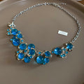 Blue Floral Cluster Statement Necklace in Silver Tone view 6