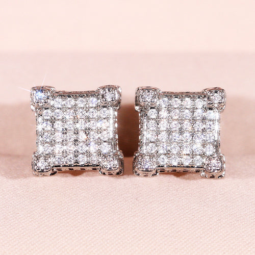 Square Pavé Stone Stud Earrings in Gold and Silver Tones shown in alternate angle