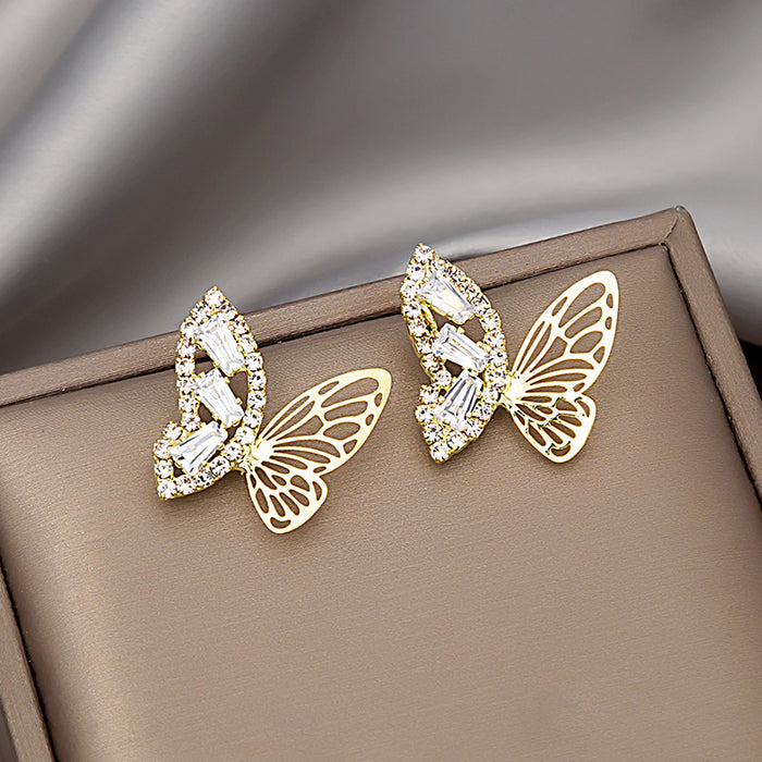 Gold Crystal Butterfly Stud Earrings Openwork Cutout Wings