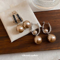 Champagne Faux Pearl Drop Hoop Earrings in Two Metal Tones view 4