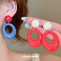 Glossy Red and Blue Open Oval Statement Drop Stud Earrings view 2