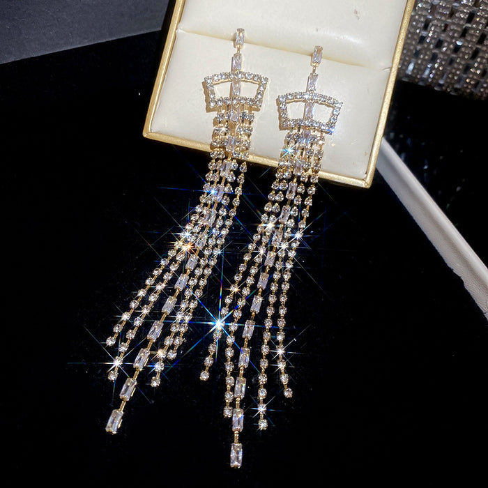 Crystal Crown Long Tassel Stud Earrings Decorative Jewelry