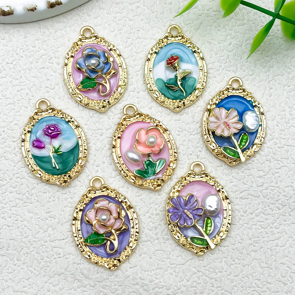 Enamel Zinc Alloy Flower Oil Painting Monet Garden Charm Pendant for DIY Necklaces
