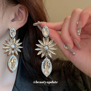 Silver Tone Crystal Flower Teardrop Earrings Jewelry