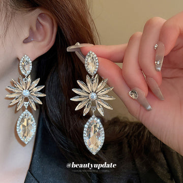 Silver Tone Crystal Flower Teardrop Earrings Jewelry