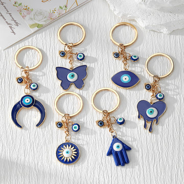 Blue Evil Eye Hamsa, Heart, Butterfly and Moon Keychains