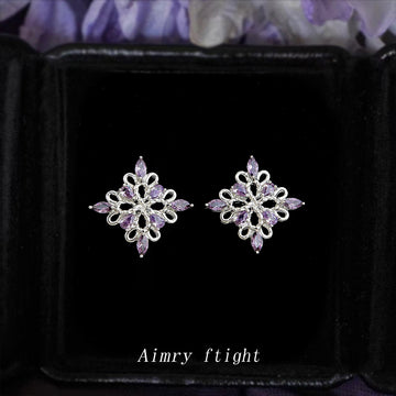 Silver Tone Lavender Stone Openwork Diamond Stud Earrings