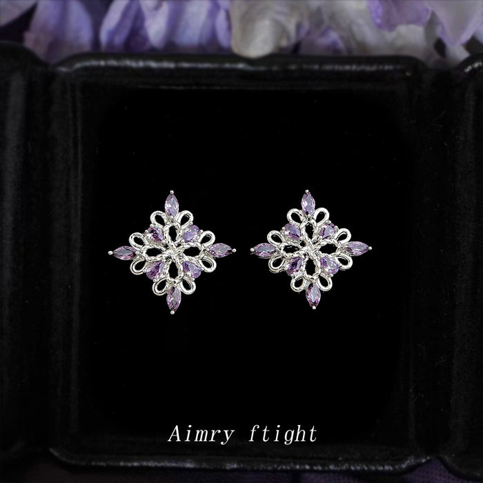 Silver Tone Lavender Stone Openwork Diamond Stud Earrings