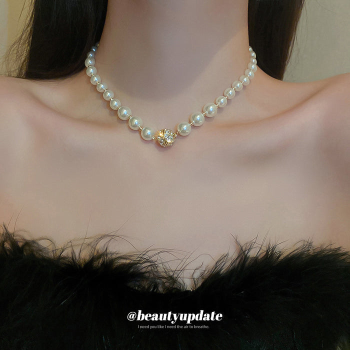 Graduated Pearl Necklace Gold Crystal Ball Center Single Layer