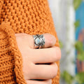 Antique Silver Leaf Band Moonstone Look Cabochon Ring view 2