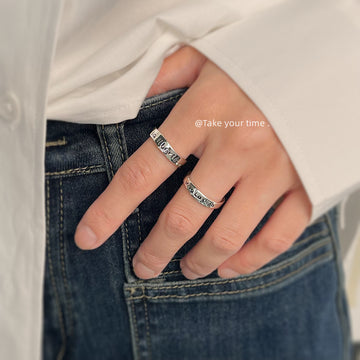 Silver Open Adjustable Letter Band Ring Engraved Text