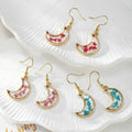 Gold Tone Crescent Moon Pressed Flower Drop Earrings in Eight Designs view 2
