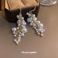 White Pearl Cluster Gold Hook Drop Earrings Polished Metal Jewelry view 2