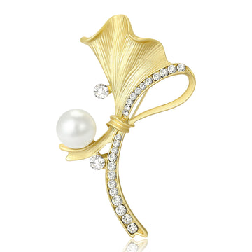 Matte Ginkgo Leaf Pearl Brooch Gold and Silver Tone