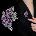 Purple Silver Tone Leaf Crystal Metal Brooch Pin for Jackets and Lapels view 4