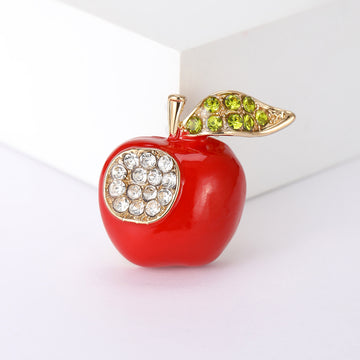 Red Enamel Apple Brooch With Green Crystal Leaf and Clear Slice